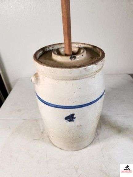 124#4 BLUE RING BUTTER CHURN STONEWARE NEEDS CLEANING - LID HAS SOME CHIPS - DASHER IS MORE MODERN - HAS HANDLES - SMALL CRACK LINE ABOVE HANDLE - LID HAS SOME EDGES - (UPSTAIRS) image