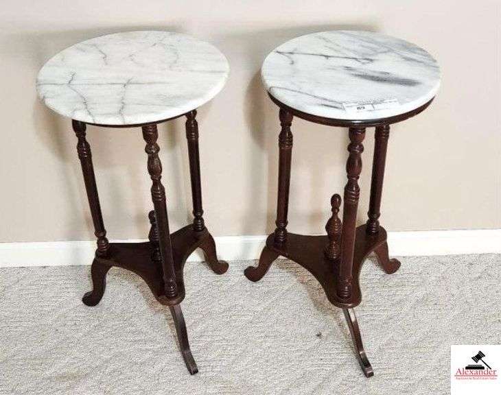 (2) BLACK & WHITE ITALIAN MARBLE ROUND TOP - SAME STYLE TABLE, 1 HAS LARGER TOP & WHITER TOP - DO NOT EXACTLY MATCH - 3 LEGS NEED TIGHTENING  - SPINAL ON BASE  (BR) image