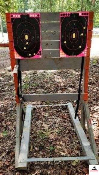 WOOD TARGET RIFLE/SHOTGUN STAND - 2 X 4 CONT. 4X4 GROUND SLIDES - 36" WIDE - GOOD CONTION 61" TALL - (IMP SHED) image