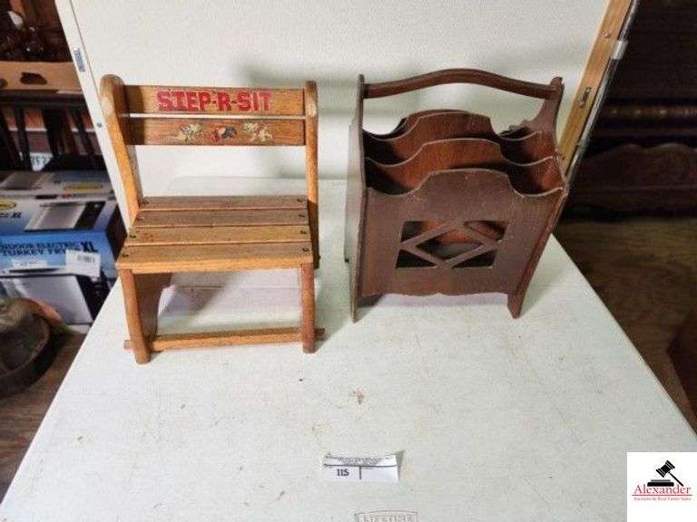 STEP-'R-SIT CHILD'S CHAIR STOOL MAHOGANY MAGAZINE RACK - SHOWS A LITTLE WEAR - FEW SCRATCHES -  (UPSTAIRS) image