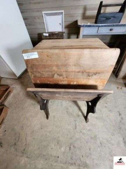 PRIMITIVE STUDENT INLINE DESK FRONT SEAT AND BOOKSHELF IN BACK FOR THE NEXT SEAT - WROUGHT IRON LEGS - (GARAGE) image