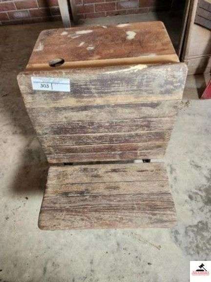 PRIMITIVE SMALL CHILD DESK SLAT SEAT IN BACK - SOME REPAIR ON TOP - PAINT ON TOP AND WRITING - WROUGHT IRON LEGS - (GARAGE) image