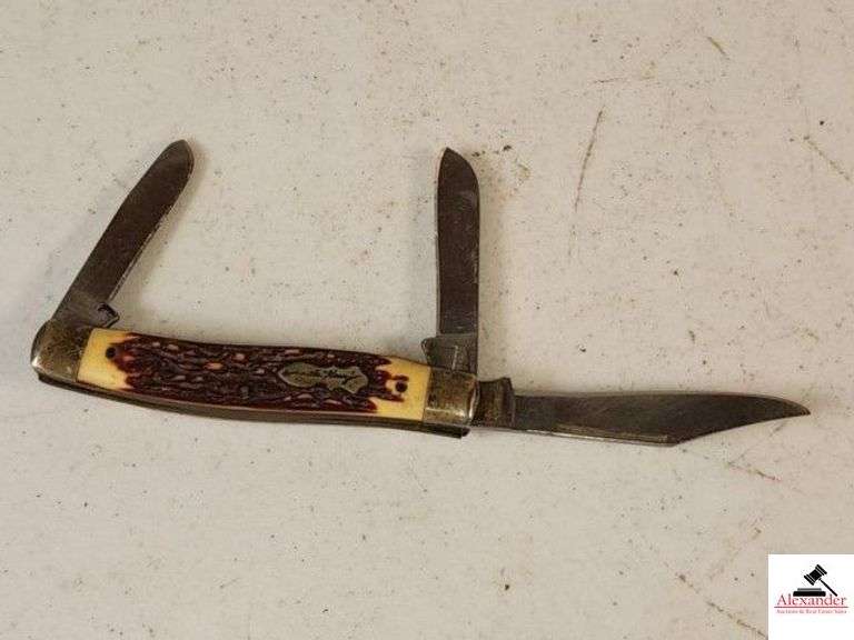 UNCLE HENRY SCHRADE FOLDING KNIFE BONE HANDLE - 3 BLADES - HAS BEEN USED AND CARRIED - (SHOP) image
