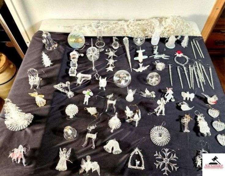 (65 +/-) CHRISTMAS ORNAMENTS PLASTIC & GLASS WHITE AND COLORED BEADS - ANIMALS - HEARTS - ANGELS - CHRISTMAS TREES - ICE CICLES - MISC - (UPSTAIRS) image