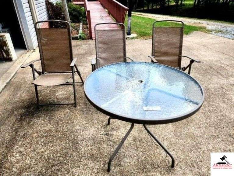 METAL PATIO TABLE WITH GLASS TOP-3 MATCHING CHAIRS (TAN COLOR) - (GARAGE) image