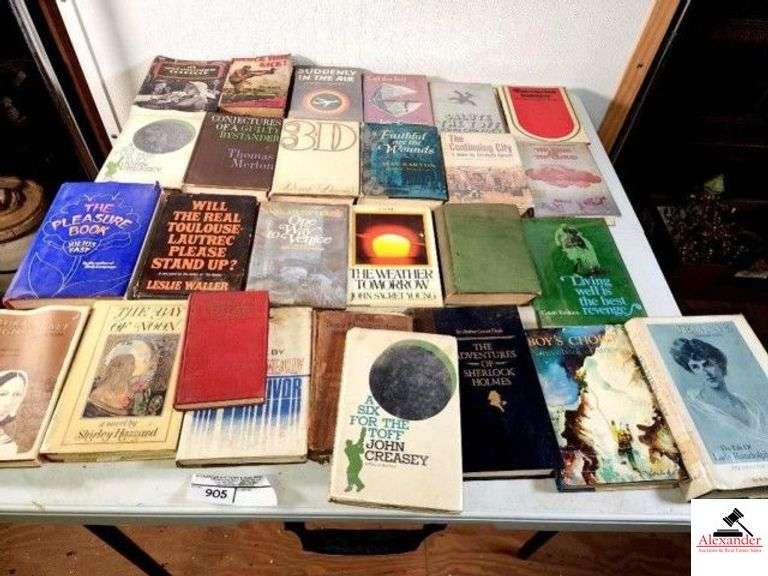 (27) BOOKS COOKBOOK - "BLOCK THAT KICK" - "SUDDENLY IN THE AIR" - "CALL THE TOFF" BY JOHN CREASY - "SALUTE THE TOFF" BY JOHN CREASY - "WATERMELON SUMMER" - "CONJECTURES OF A GUILTY BYSTANDER" BY THOMAS MERTON - "3D" A NOVEL BY PATRICK DENNIS - "FAITHFUL ARE THE WOUNDS" BY MAY SARTON - "THE CONTINUING CITY" A NOVEL BY ELIZABETH CORBETT - "THE YEAR OF THE CLOUD" BY TED THOMAS AND KATE WILHELM - "A SIX FOR THE TOFF" BY JOHN CREASY" - "THE PLEASURE BOOK" BY JULIUS FAST - "THE ADVENTURES OF SHERLOCK HOLMES" - ETC (UPSTAIRS) image