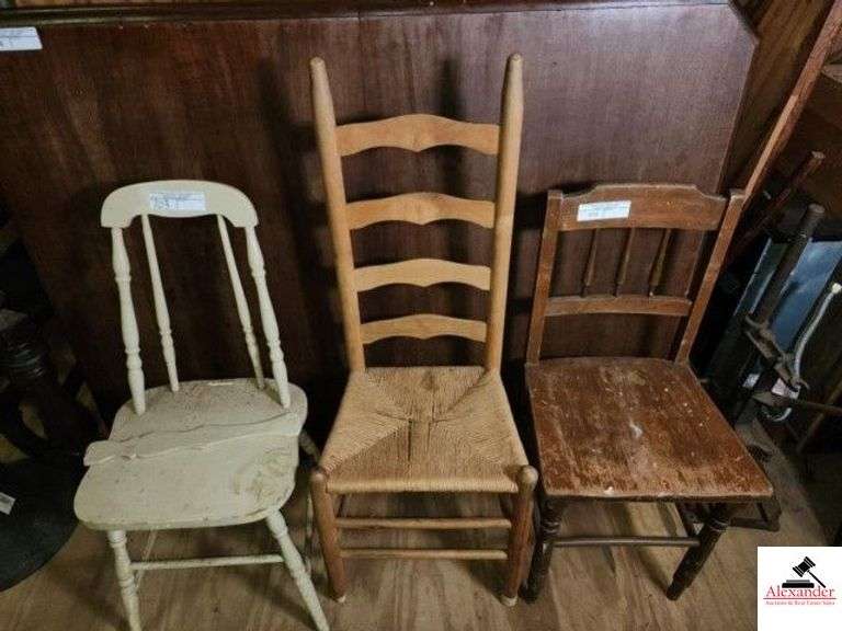 VINTAGE CHAIRS (3) OAK STRAIGHT CHAIR - PAINTED BROWN - TAPERED SPINDLE - NEEDS REFINISHED - STURDY CHAIR - HIGH BACK STRAIGHT CHAIR - REED SEAT - WHITE DINETTE CHAIR - WHITE TOP IS LOOSE - MIDDLE SLAT HAS COME OUT AND NEEDS REGLUED - (UPSTAIRS) image