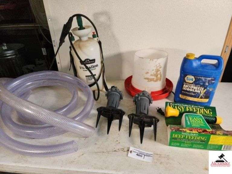 PLASTIC ELECTRIC CHICKEN WATERER GROUNDWORK 1 1/2 GALLON PUMP SPRAYER - EASY FEEDING PLANT FOOD SPRAYER - ANTIFREEZE COOLANT - TWO ORBIT YARD SPRINKLERS - 1 1/2" PLASTIC TUBING - (SHED) image