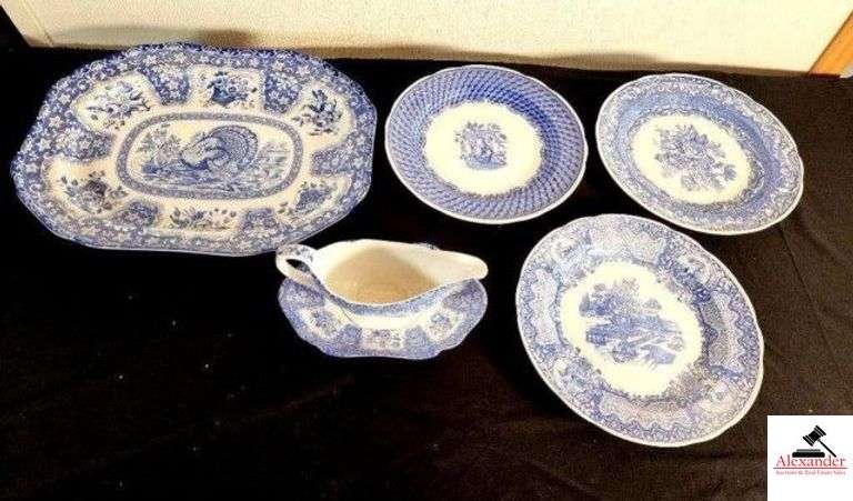 SPODE CHINA - MADE IN ENGLAND LARGE TURKEY SERVING PLATTER - GRAVY BOAT WITH TRAY - (3) ASSORTED PLATES - (HOUSE) image