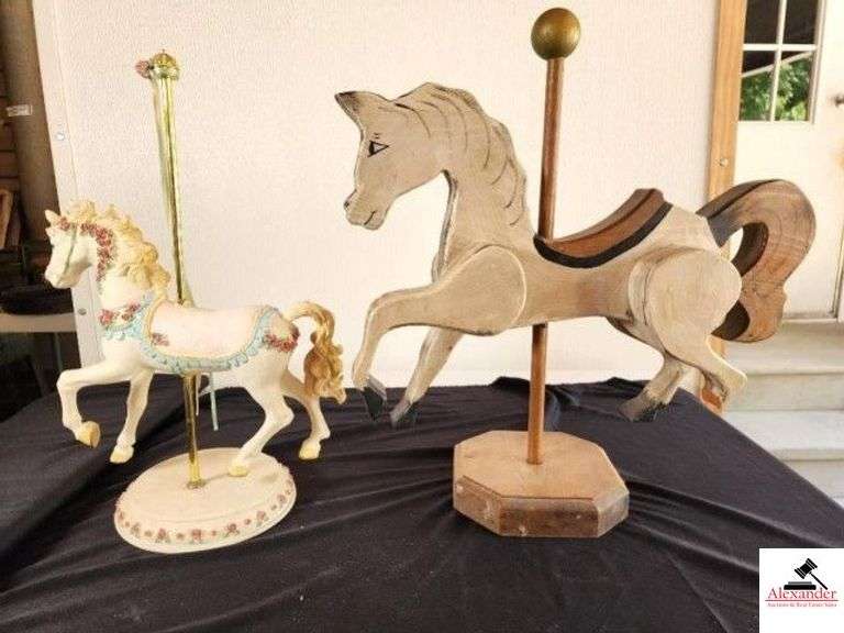 LARGE HANDMADE WOOD CAROUSEL HORSE ON POLE CAROUSEL HORSE WITH BRASS STAND - HAS A CHIP ON ONE FOOT - (GARAGE) image