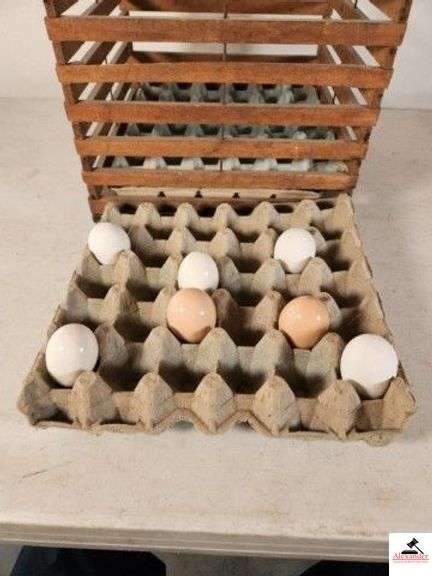 PRIMITIVE EGG CRATE EXCELLENT CONDITION FOR AGE - 2 PAPER CARRIERS - 7 EGGS (2 BROWN, 4 WHITE) MISC COMPOSITES - (GARAGE) image