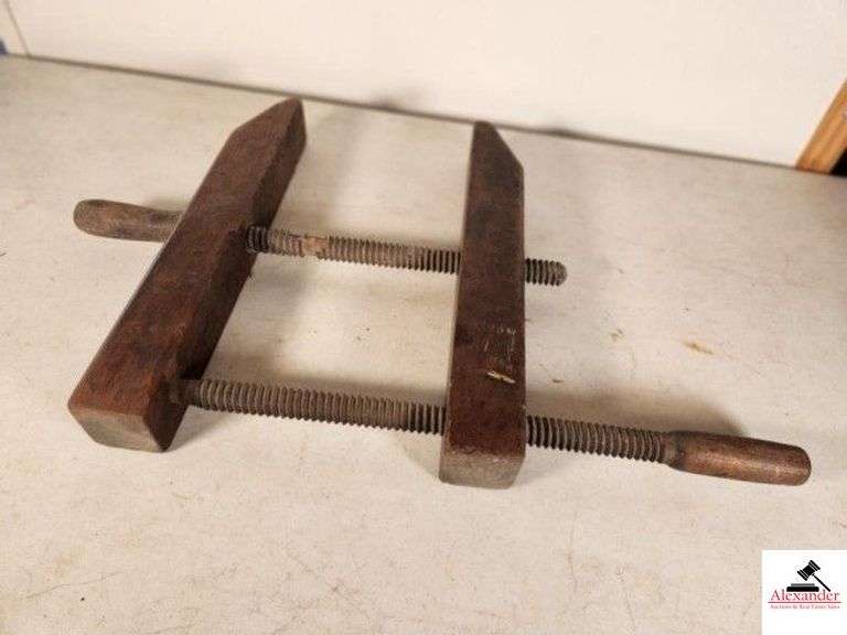 ANTIQUE WOOD CLAMP - ARM ARE 18" LONG - TREADED RODS (FEW MISSING)  - SHOWS SOME WEAR - (GARAGE) image