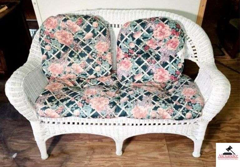 WICKER SETTEE - CUSION SEAT -  4 FT. - WITH 2 WICKER BARREL BACK CHAIRS & WICKER CENTER TABLE (27" X 17") - (UPSTAIRS) image
