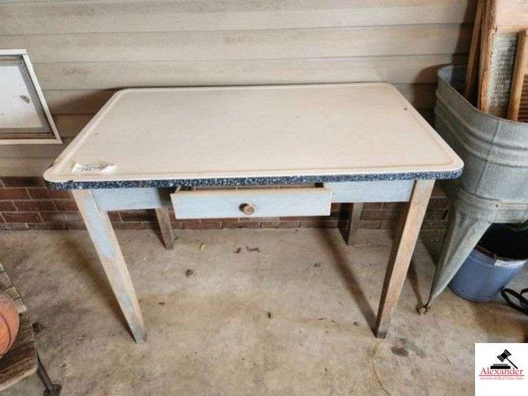 WHITE PORCELAIN TOP KITCHEN TABLE WITH DRAWER - (GARAGE) image