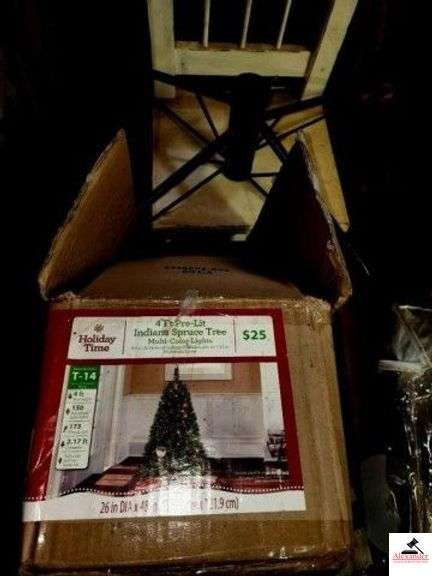 WREATH MAKING MATERIAL - CHRISTMAS TREE/DECOR 4FT PRE-LIT INDIANA SPRUCE TREE - MILTI-COLOR LIGHTS - HAS STAND - TREE HAS NOT BEEN VERIFIED - CHRISTMAS TULLE - GIFT BAGS - TISSUE PAPER - WRAPPING PAPER - RED CHRISTMAS GLASS BALLS - (UPSTAIRS) image