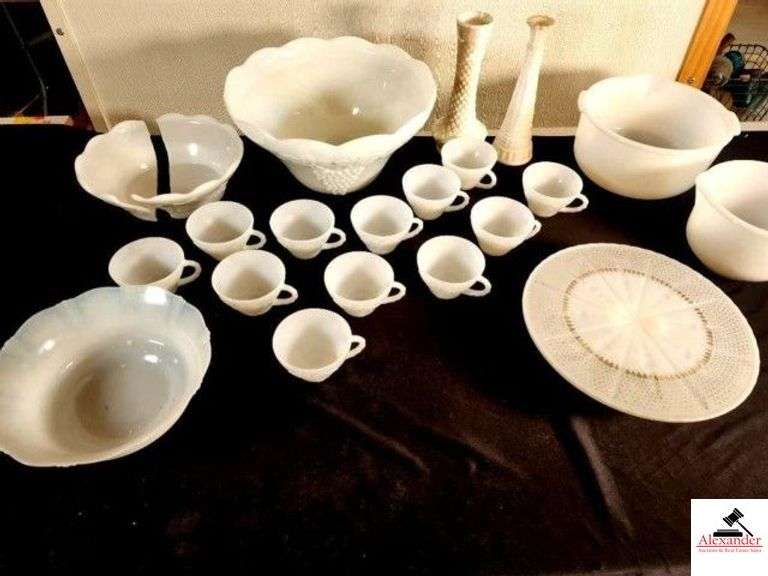 MILK GLASS COLLECTION PUNCH BOWL WITH GRAPE PATTERN & (12) CUPS - DECORATIVE SERVING BOWL - (2) MIXING BOWLS - SUNBEAM MIXER BOWL WITH SPOUT - ONE BOWL IS CRACKED IN HALF, NEEDS GLUING - TWO BUD VASES -  MILK GLASS CAKE STAND - (GARAGE) image