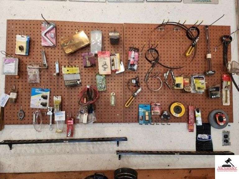 PARTS INVENTORY COTTER KEYS - METAL CORNER BRACKETS - SMALL SCREWS - BATTERY ENDS - NEW SPRINGS - REFRIDGERATION PARTS - PIL WRENCHES - BANDSAW BLADES - AIR CONNECTORS - SCREWS & BOLTS - PRESSURE GAUGE - MISC - LEAVE PEGBOARD - HOOKS INCLUDED - (SHOP) image