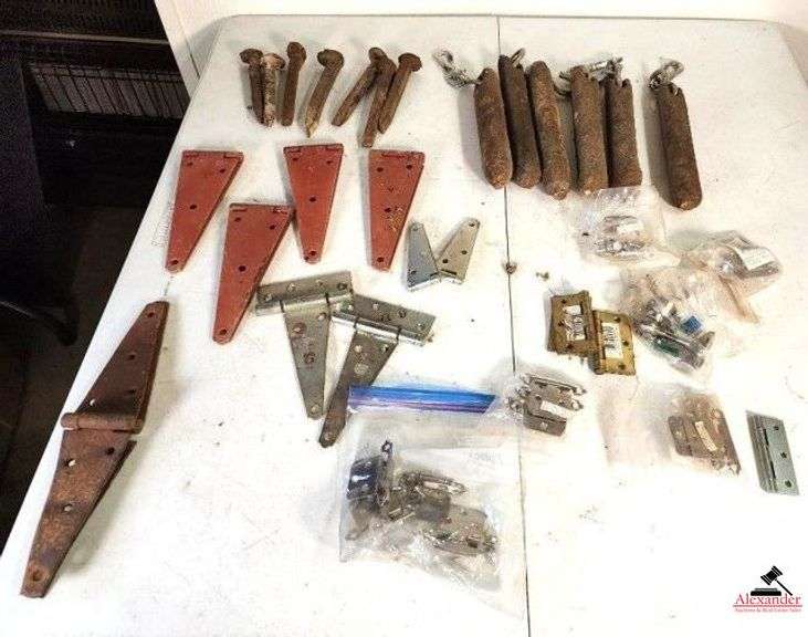 GATE AND CABINET HINGES - IRON WINDOW WEIGHTS - RAILROAD STAKES (SHOP) image
