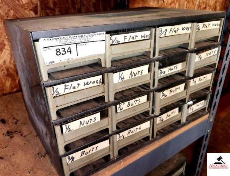 (16) DRAWER CABINET - FLAT WASHERS  - MISC. SIZES ASSORTMENT -NUTS -  LOTS OF INVENTORY (ON LOT # 831) image
