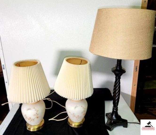 (3) LAMPS (2) CHINA LAMPS WITH PAINTED FLOWERS - TABACCO TWIST WOOD LAMP - FONT IS BRASS - SHADE CAP IS MISSING - (UPSTAIRS) image