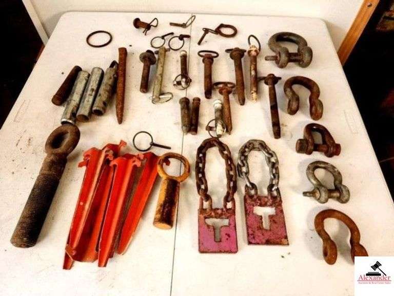 5 CLEVICES (11) TRACTOR PINS - CHAIN LOCKS - TENT STAKES - (SHOP) image