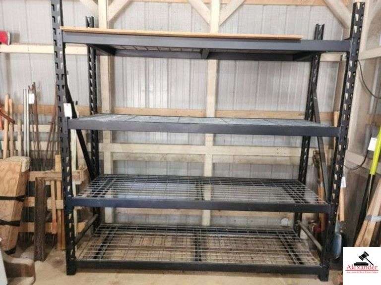 4-SHELF STORAGE PALLET STYLE RACK 24" DEEP - 84" LONG - POSTS ARE 85" TALL - ADJUSTMENTS ARE 4 SHELVES WITH WIRE RACKS - INCLUDES PLYWOOD ON TOP SHELF - 2 1/2" X 1 1/2" POSTS - REINFORCED - HEAVY RACK - (SHED) image