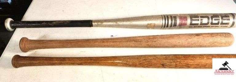 (3) BASEBALL/SOFEBALL BATS (2) OAK CHILD'S BASEBALL BAT - 1 ALUMINUM EASTON EXTRA EDGE MDL SE1 3432 OFFICIAL SOFTBALL BAT - (GARAGE) image