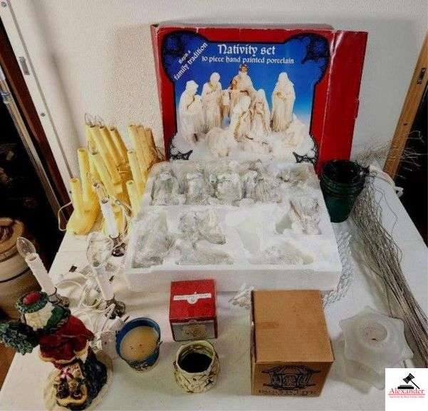 NATIVITY SCENE 10PC HANDPAINTED PORCELAIN SANTA CLAUSE WITH GIFTS - PLASTIC CANDLE LIGHT STANDS - INDIVIDUAL LIGHTS - CRYSTAL ETCHED LIGHT - BUCKETS - PORCELAIN CANDLE HOLDER - MISC - COMES WITH PLASTIC TOTE - (UPSTAIRS) image