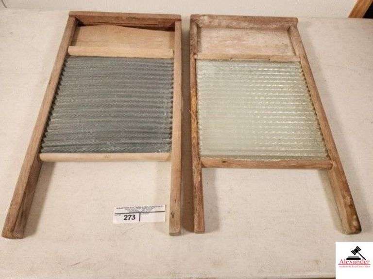 VINTAGE WASHBOARD WITH GLASS WASHBOARD FRAME IS DAMAGED - EDGE OF FRAME IS DAMAGED - ADDITIONAL PRIMITIVE WASHBOARD WITH SLATS - SLATS ARE LOOSE - PART OF FRAME IS INTACT & TOP BOARD IS MISSING - (GARAGE) image