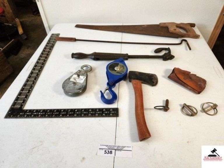 BLUE HAWK 5" STEEL BLOCK, 700 LB. - SWIVEL EYE BLOCK - HATCHET - HAND SAW - ALUM. T-SQUARE - GREEN LEAF #15 PULLER - TRACTOR KEYS (TRAILER) image