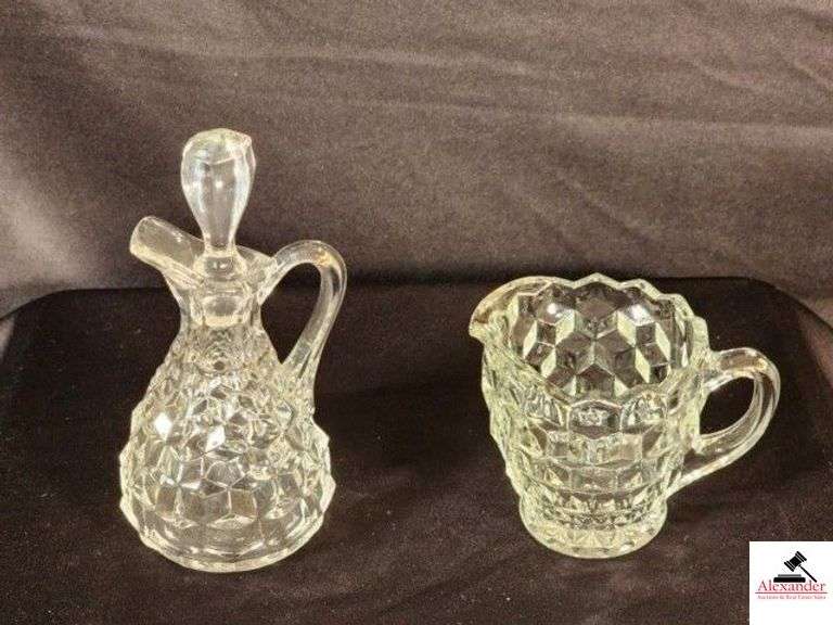 VINTAGE FOSTORIA  AMERICAN VINEGAR CRUET (7") & CREAMER (HALL CHINA CABINET) image
