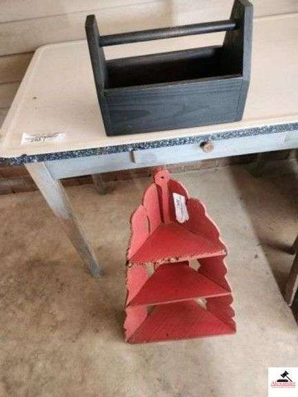RED CORNER WHAT-NOT SHELF TOP SHELF DETERIORATING - PAINT CHIPPED SOME - SMALL BLACK HANDLED TOOLBOX - (GARAGE) image