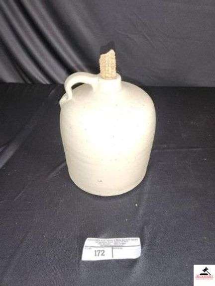 STONEWARE JUG W/ HANDLE - WHITE - CORN COB STOPPER - 7 1/2" BASE - 9" TALL - (KITCHEN) image