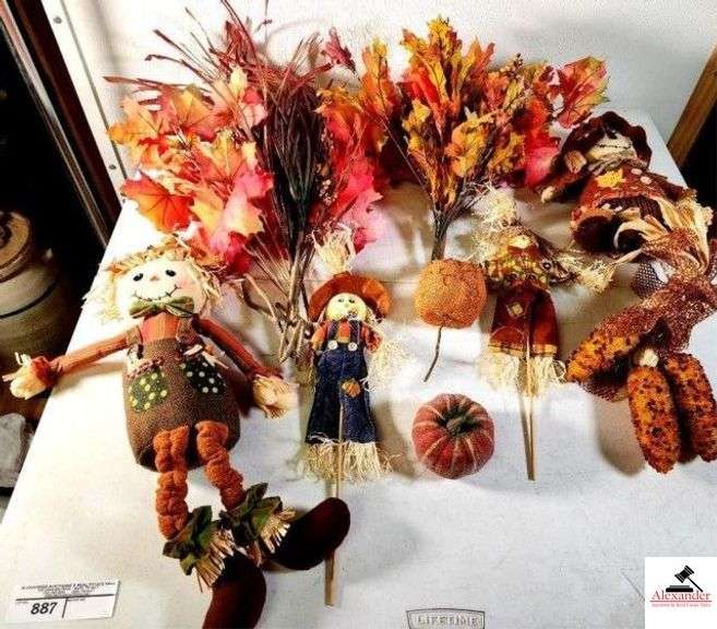 FALL & CHRISTMAS DECORATIONS SCARECROWS - PUMPKINS - FALL LEAF DECOR - BEADED CORN HUSKS - FALL DECO POLY MESH - CHRISTMAS POINSETTA FLOWERS DECOR - HOLLY GARLAND - CHRISTMAS BALLS/ORNAMENTS (UPSTAIRS) image