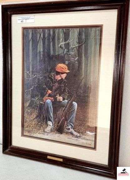 R.J. MCDONALD "SNEAKERS" FRAMED PRINT  - 314 / 1000 - CIRCA '89 - CERTIFICATE OF AUTHENTICITY - YOUNG BOY HUNTING WHITE TAIL DEER - (MASTER BEDROOM) image