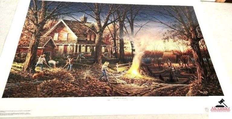 TERRY REDLIN "AUTUMN EVENING" PRINT  - 1441 / 29,500 - CIRCA 1991 - SIGNED - CERTIFICATE OF AUTHENTICITY - UNFRAMED - GRANDMA'S HELPERS CREATING THE GREAT AROMA OF FALL - (MASTER BEDROOM) image