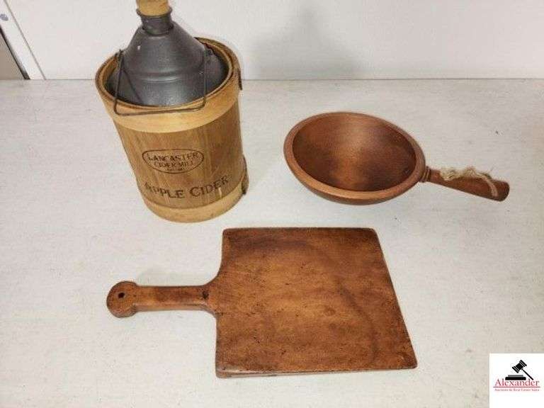 LANCASTER APPLE CIDER MILL ( TIN & WOOD BUCKET) METAL VAIL - CORK -  ROUND SERVING BOWL WITH HANDLE - - EARLY VINTAGE BREAD BOARD - (NW BEDROOM) image