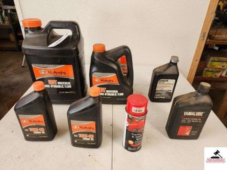 KUBOTA UDT UNIVERSAL TRANS-HYDRAULIC FLUID 1.5 GAL KUBOTA UDT UNIVERSAL TRANS-HYDRAULIC FLUID 1 GAL - (2) KUBOTA SAE 15W-40 ENGINE OIL1 QT EACH - KOHLER SAE 30 UNIVERSAL ENGINE OIL 8OZ. - MAJIC TRACTOR, TRUCK & IMPLEMENT SPRAY - YAMALUBE 4-STROKE ENGINE OIL SAW 10W-30/API SJ (FULL) (SHOP) image