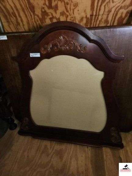 MAHOGANY MIRROR FRAME - NO MIRROR - NO BASE - HAS DECORATIVE SCROLL TOP AND BOTTOM - FOR A TRIPLE DRESSER - (UPSTAIRS) image