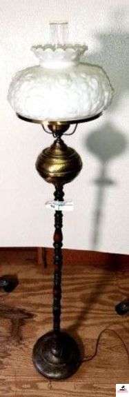 WOOD SPINDLE FLOOR LAMP METAL BASE - MILKGLASS GLOBE - BRASS FONT - (UPSTAIRS) image