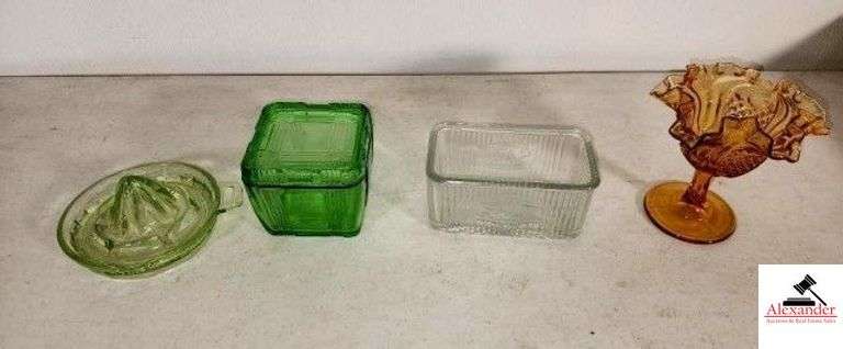 GREEN DEPRESSION GLASS JUICER (CLIPPED LIP) - CLEAR DEPRESSION SALT DISH - GREEN DREPRESSION REFRIGERATOR DISH - AMBER PEDESTAL CANDY DISH FLUTED RIM -  (NW BEDROOM) image