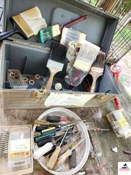 TUFF TOOLBOX - NEW & USED  PAINT BRUSHES - SCREWDRIVERS -- NAILS-CHALKING GUN - DRILL BITS -  MISC. - (IMP SHED) image