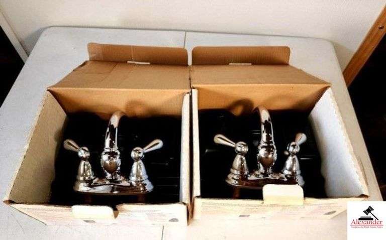 (2) DELTA MODEL #2585-217 3-HOLE SINK FAUCET 4" CENTERSET FAUCET - FITS 3-HOLE SINK - INCLUDES POP-UP DRAIN STAINLESS STEEL- NEW IN BOX (SHOP) image