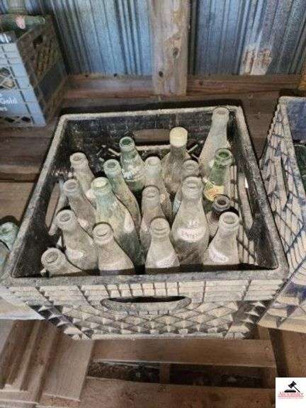 VINTAGE GLASS BOTTLES - COCA COLA - MELLOW YELLOW - RC - CRUSH - NUGRAPE SODA - DR. PEPPER - ROYAL CROWN COLA - DOUBLE COLA - 7 UP - BIG 12 - BUFFALO ROCK GINGER ALE - 3 PLASTIC CRATES - (IMP. SHED) image