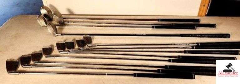 VERDICT GOLF CLUBS #1 TITANIUM MATRIX -  #3 TITANIUM MATRIX - #5 SUPER METAL TITANIUM MATRIX - #5 SUPER CONCORD SHALLOW FACE - 8 URBIC IRONS - P W, 3, 4, 5, 6, 7, 8, 9 - GOOD SET - (GARAGE) image