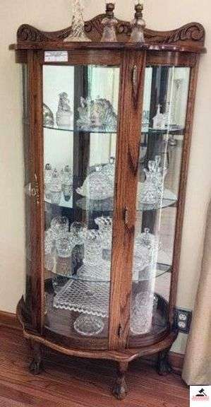 OAK CURVE GLASS CHINA CABINET - 32" X 62" - ADJUSTABLE GLASS SHELVES - CLAW FEET - (LR) image