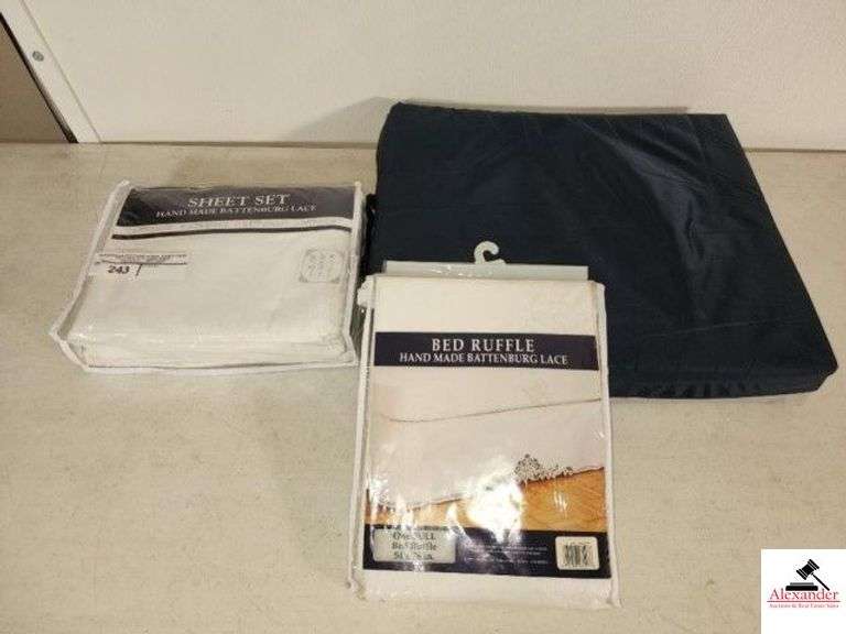 SHEET SET HANDMADE BATTENBURG LACE - FULL, FLAT & FITTED SHEET & PILLOWCASES - BED RUFFLE BATTENBURG LACE -54 X 76 NEW IN BAGS - SEAT PILLOW - (NW BEDROOM) image