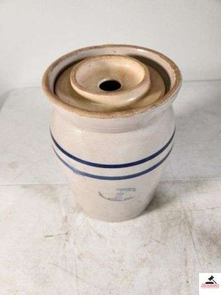 #2 BLUE RING BUTTER CHURN STONEWARE MARSHALL POTTERY, CO. MARSHALL, TEXAS - MARSHALL PART IS MISSING ON THE BLUE RIM - NO DASHER - LID IS SLIGHTLY DIFFERENT COLOR AND SHOWS LINE MARKS - NEEDS CLEANING - (UPSTAIRS) image