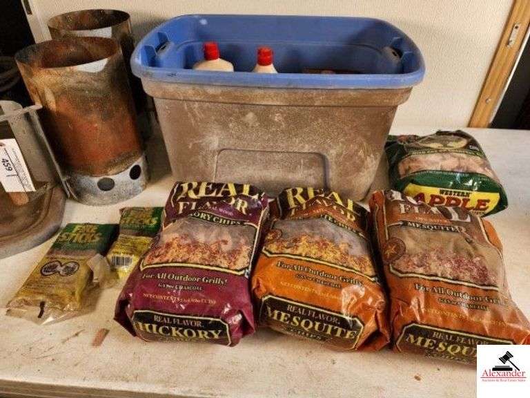 (2) CHARCOAL METAL STARTERS TUB OF HICKORY CHIPS - STARTER FLUID - (SHED) image