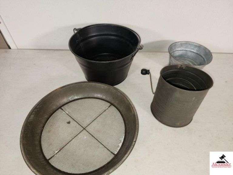 VINTAGE BOWL  SIFTER - SCREEN (DAMAGED) COMWELL MEASURING SIFTER - 5 CUP - BLACK WATER BUCKET - SMALL GRAFITED PAN - (NW BEDROOM) image